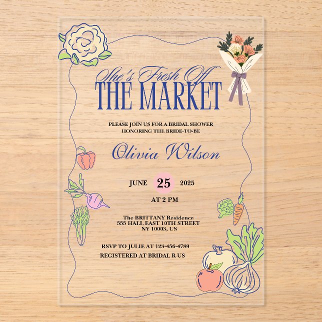 Fresh Off the Market Bridal Shower Whimsical Drawn Acrylic Invitations (Front)
