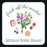 FRESH OFF THE MARKET Cute Custom Bridal Shower Square Sticker<br><div class="desc">Hand made art for you! Perfect for a summery brunch or farmers market themed bridal shower, bachelorette party, engagement party, or birthday. FULLY CUSTOMIZABLE! Click on “Personalize” above to edit the text Click "edit using design tool" to adjust the fonts, colors and placements and to delete any part of the...</div>