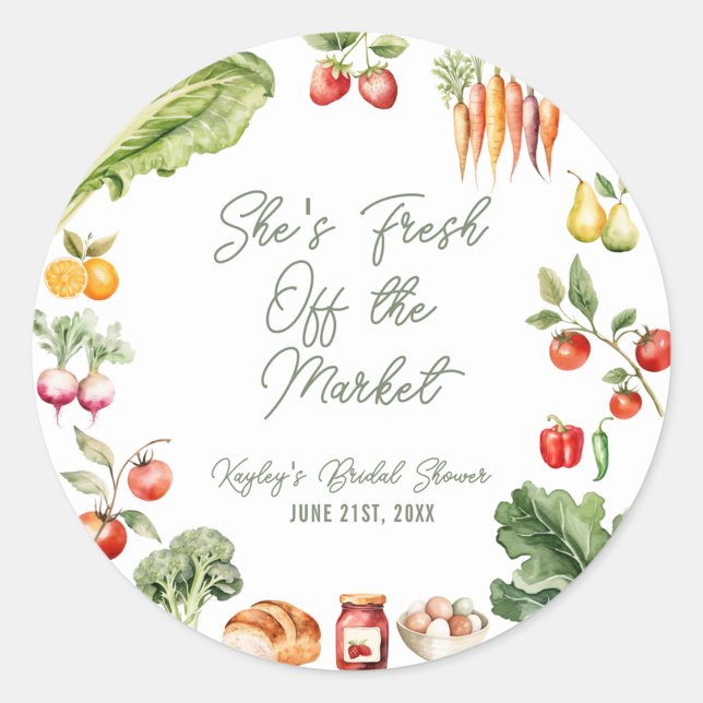 Fresh off the Market Farmer's Market Bridal Shower Classic Round Sticker (Fresh off the market! These rustic farmer’s market bridal shower stickers are perfect for favor bags)