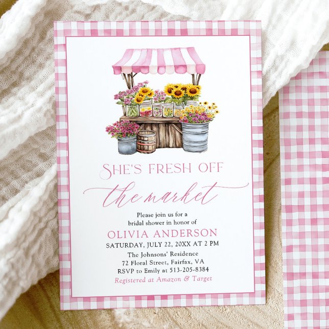 Fresh Off The Market Farmers Market Bridal Shower Invitation (Modern Watercolor Pink Gingham Fresh Off The Market Farmers Market Bridal Shower Invitation)