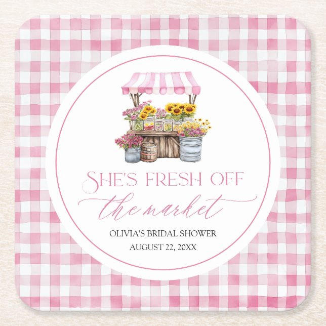 Fresh Off The Market Farmers Market Bridal Shower Square Paper Coaster (Front)