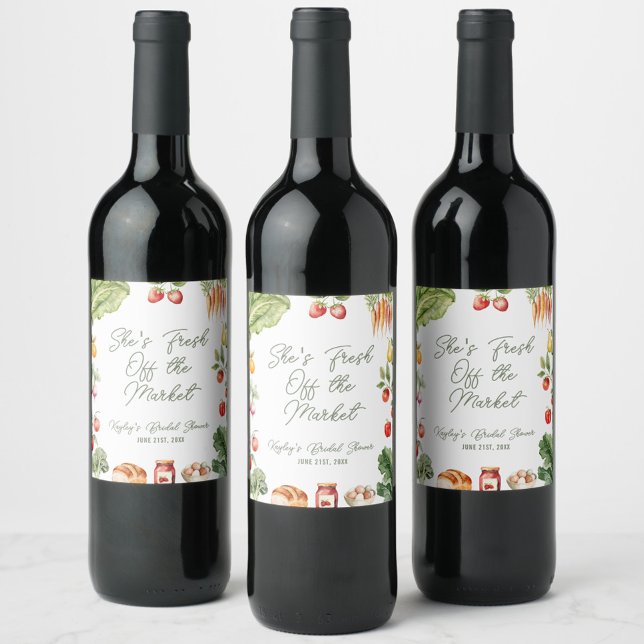 Fresh off the Market Farmer's Market Bridal Shower Wine Label (She’s fresh off the market! Rustic bridal shower wine label with fruits, veggies & farmhouse flair)