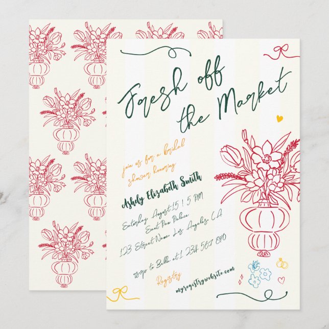Fresh Off The Market Fun Hand Drawn Bridal Shower Invitation (Front/Back)