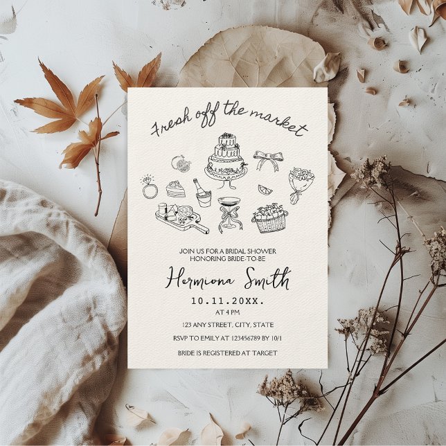 Fresh Off the Market Hand-drawn Bridal Shower Invitation (Fresh off the market bridal shower hand drawn invitation)