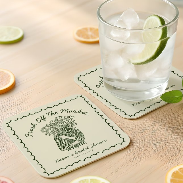 Fresh Off The Market Hand Drawn Bridal Shower Square Paper Coaster (Creator Uploaded)