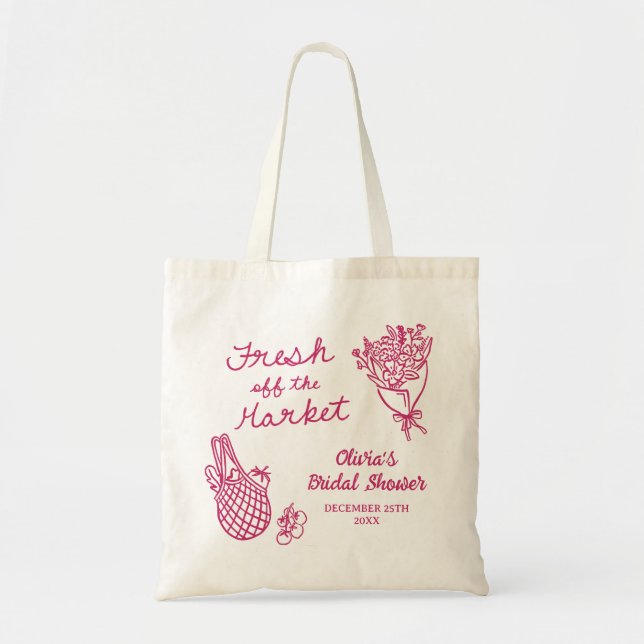 Fresh Off The Market Hand Drawn Bridal Shower Tote Bag (Front)