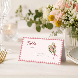 Fresh off the market pink gingham bridal+shower place card