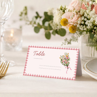 Fresh off the market pink gingham bridal+shower place card