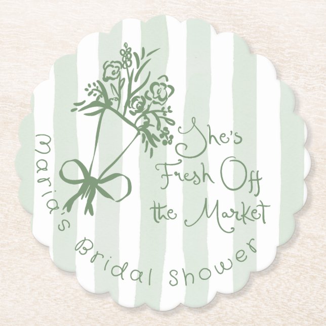 Fresh Off the Market Sage green whimsical Bouquet Paper Coaster (Front)