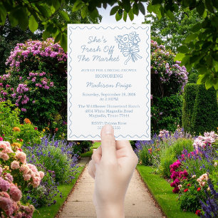 Fresh Off the Market Whimsical Blue Bridal Shower Invitation