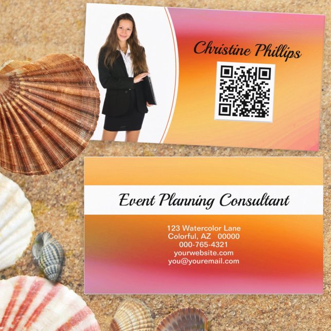 Fresh Orange Event Planner Custom Photo QR Code Business Card (Creator Uploaded)