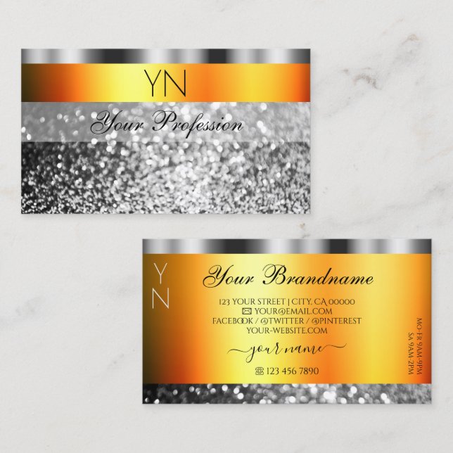 Fresh Orange Silver Sparkling Glitter and Monogram Business Card (Front/Back)