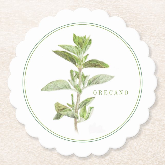 FRESH OREGANO Scalloped Round Coasters (+text) (Front)