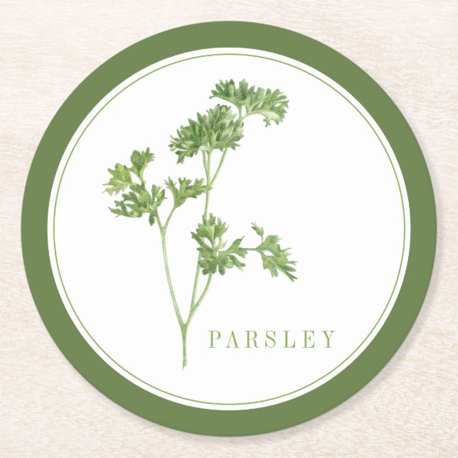FRESH PARSLEY Round Paper Coasters (+text) Green (Front)