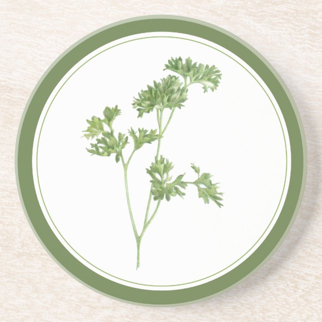 FRESH PARSLEY Round Sandstone Coaster -text Green (Front)