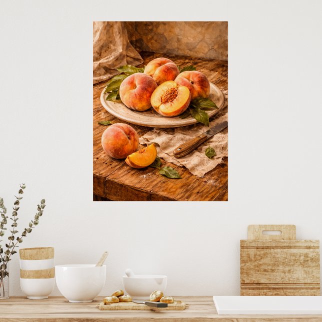 Fresh Peaches on Wood a Rustic Still Life Poster (Kitchen)