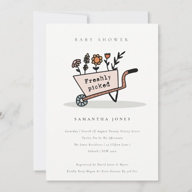 Fresh Picked Blush Floral Cart Baby Shower Invite (Front)