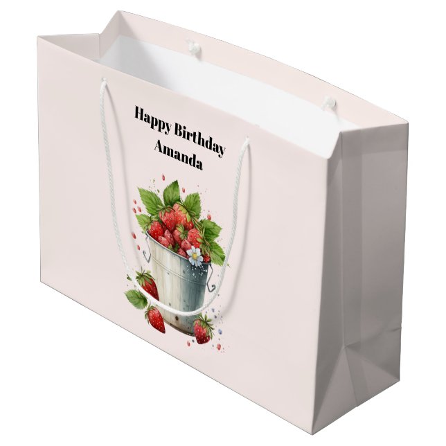 Fresh Picked Strawberries in a Bucket Birthday Large Gift Bag (Back Angled)