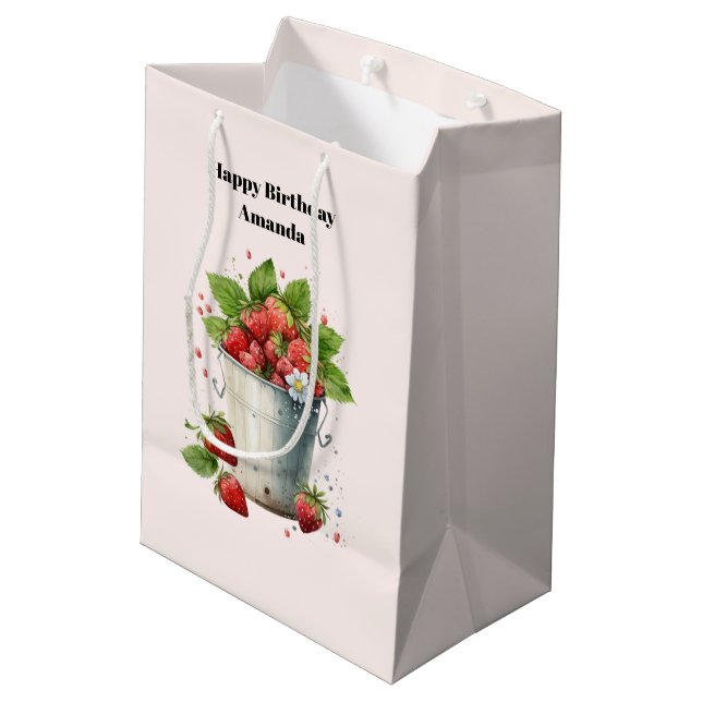 Fresh Picked Strawberries in a Bucket Birthday Medium Gift Bag (Back Angled)