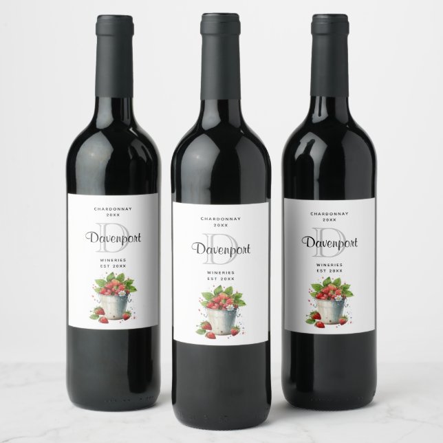 Fresh Picked Strawberries in a Bucket Wine Making Label (Bottles)