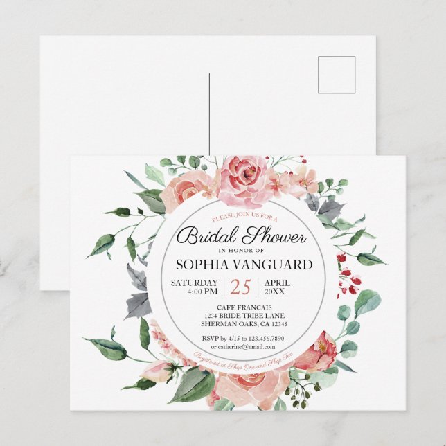 Fresh Pink Blooms Elegant Bridal Shower Invitation Postcard (Front/Back)