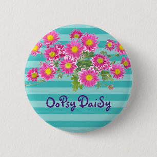 Fresh Pink Daisy Flowers on Turquoise Stripes 6 Cm Round Badge