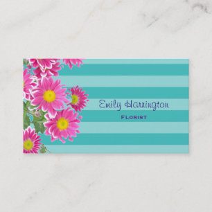 Fresh Pink Daisy Flowers on Turquoise Stripes Business Card