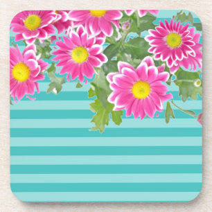 Fresh Pink Daisy Flowers on Turquoise Stripes Coaster