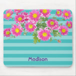 Fresh Pink Daisy Flowers on Turquoise Stripes Mouse Mat<br><div class="desc">Beautiful pink daisy flowers with a white outline and bright yellow centres set on a pattern of horizontal turquoise blue stripes.</div>