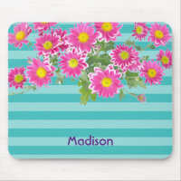 Fresh Pink Daisy Flowers on Turquoise Stripes