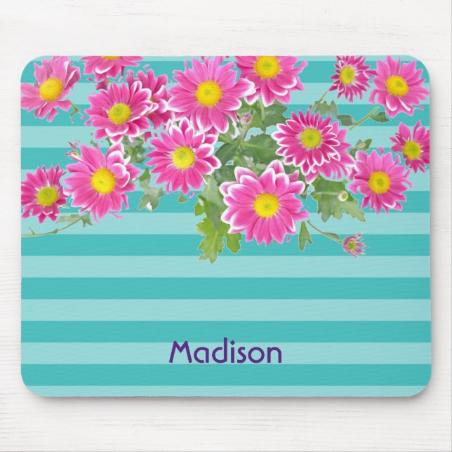 Fresh Pink Daisy Flowers on Turquoise Stripes Mouse Mat (Front)