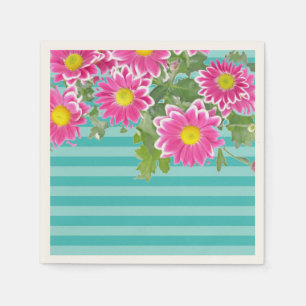 Fresh Pink Daisy Flowers on Turquoise Stripes Napkin