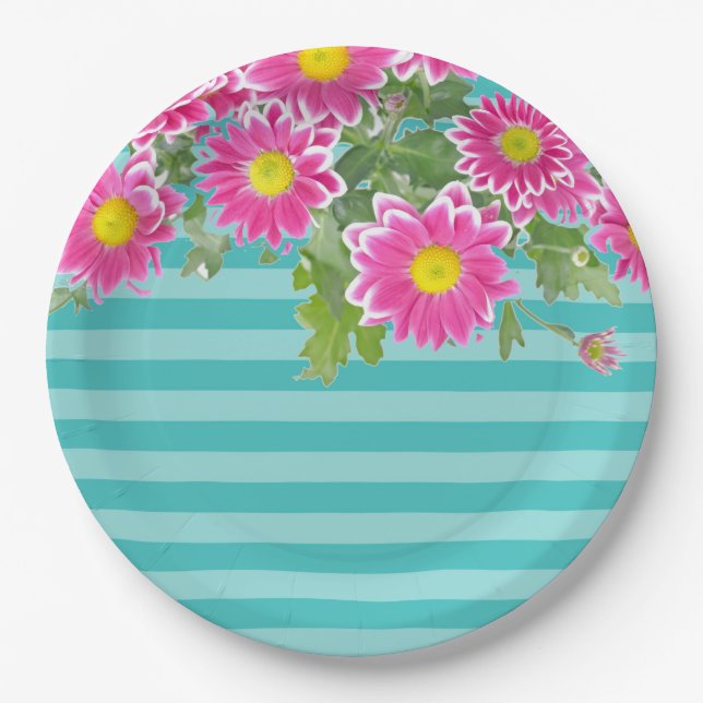 Fresh Pink Daisy Flowers on Turquoise Stripes Paper Plate (Front)
