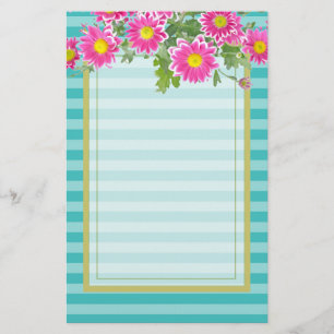 Fresh Pink Daisy Flowers on Turquoise Stripes Stationery