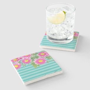 Fresh Pink Daisy Flowers on Turquoise Stripes Stone Coaster