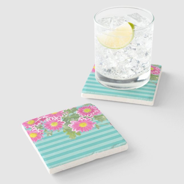 Fresh Pink Daisy Flowers on Turquoise Stripes Stone Coaster (Side)