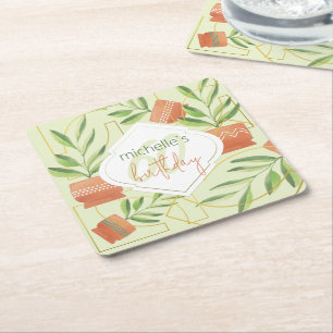 Fresh Plants In Ceramic Pots Watercolor Square Paper Coaster