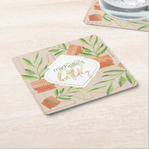Fresh Plants In Ceramic Pots Watercolor Square Paper Coaster