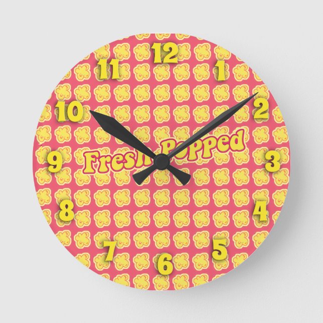 Fresh Popped Fun Popcorn Pattern Cartoon Art Round Clock (Front)