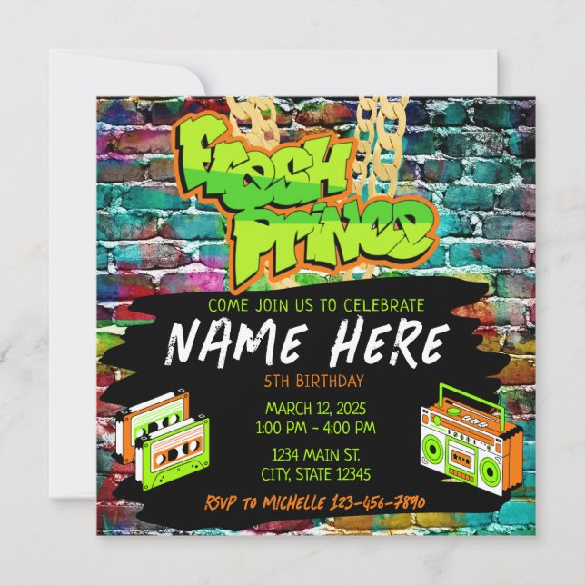  Fresh Prince 90s Boombox Green Orange Birthday Invitation (Front)