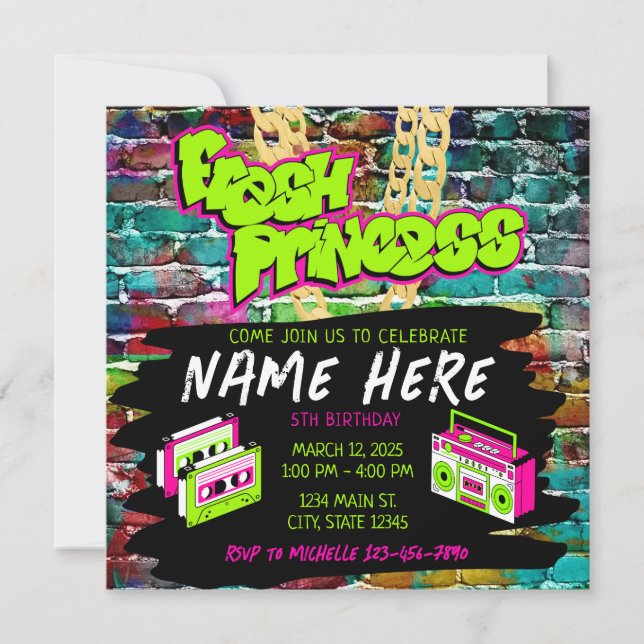 Fresh Princess 90s Boombox Green Pink Birthday Invitation (Front)