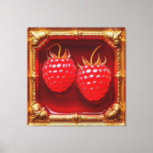 Fresh Raspberries Framed in Golden Artwork Canvas Print
