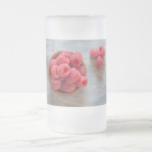 Fresh raspberries in a bowl frosted glass beer mug