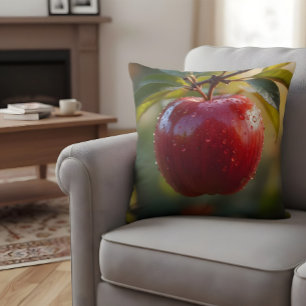 Fresh Red Apple with Water Drops Nature Photograph Cushion