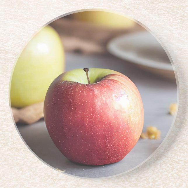 Fresh red apples on the table, apple pie crumbs coaster (Front)