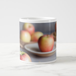 Fresh red apples on the table, apple pie crumbs large coffee mug
