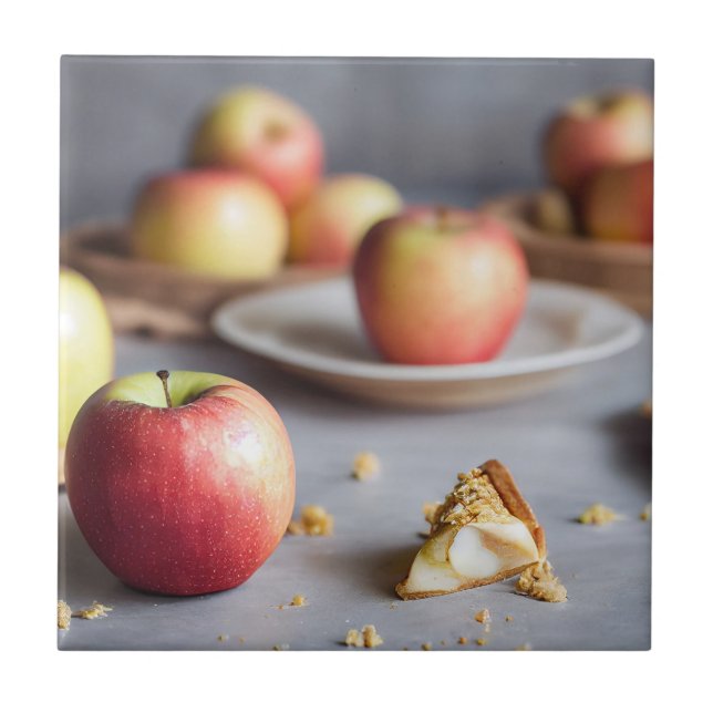 Fresh red apples on the table, apple pie crumbs tile (Front)