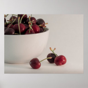 Fresh Red Cherries Bowl In Muted Tones Fruit Photo Poster