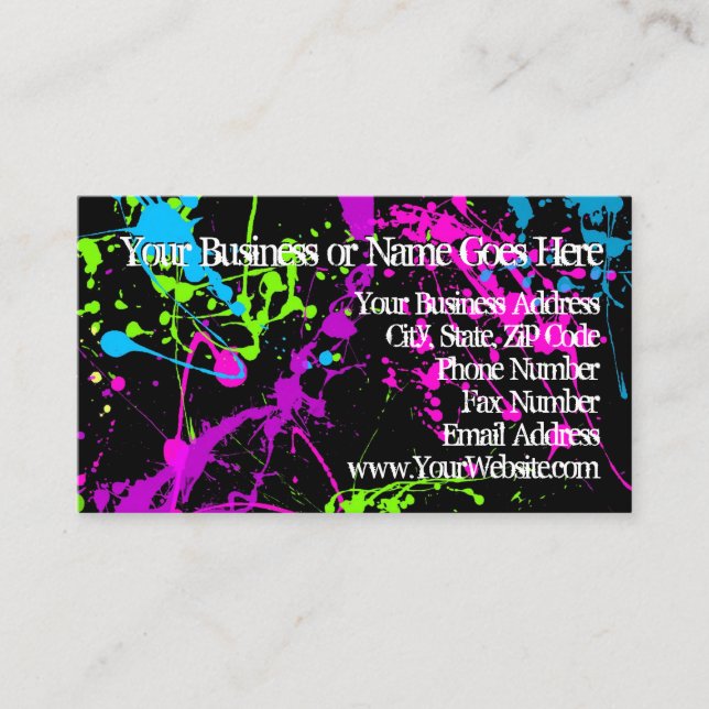 Fresh Retro Neon Paint Splatter on Black 80s Party Business Card (Front)