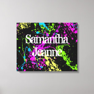 Fresh Retro Neon Paint Splatter on Black Canvas Print